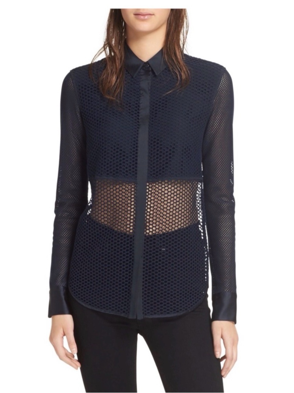 Rag & Bond Luna Silk Mesh Button Up Shirt in Navy Blue Black Size XS